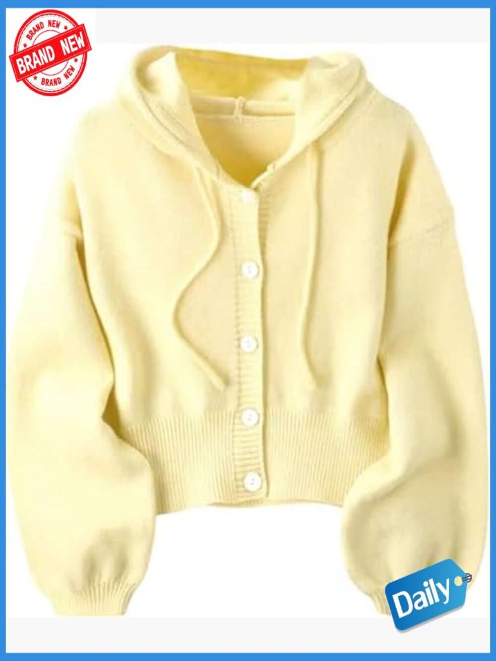 Long Sleeve Button Down Hooded Cardigan Loose Fit Knit Sweater